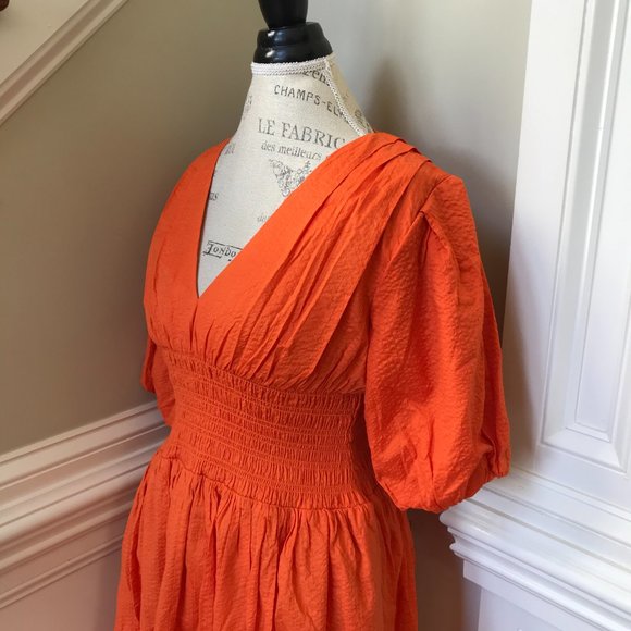 AYR Extra Extra Cotton Poplin Maxi Dress Womens Medium Orange V-Neck Smocked - Picture 8 of 12